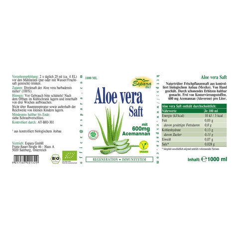 Espara Aloe Vera Bio Saft 1000 ml Rückseite Etikett mit Nährwertangaben Zutaten Verzehrempfehlung vegan Bio Qualität 600 mg Acemannan pro Liter naturtrüber Pflanzensaft aus biologischem Anbau weiß grünes Design mit Aloe Vera Abbildung | Naturpräparate Dieterich