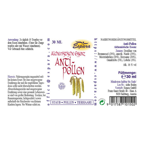 Espara Alchemistische Essenz Anti Pollen 30 ml Rückseite Etikett mit Anwendung Zutaten Destillate aus Brennnessel amerikanischer Narde Meerträubchen Herzsame Gundelrebe Lobelie vegan Hinweistext alkoholfreie Essenz für Staub Pollen Tierhaare weiße Etikettgestaltung mit Pflanzenabbildung | Naturpräparate Dieterich