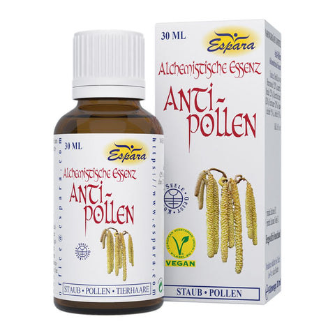 Espara Alchemistische Essenz Anti Pollen 30 ml braune Glasflasche mit weißem Etikett und passender Faltschachtel vegane Essenz für Pollen Staub Tierhaare pflanzliche Destillate Abbildung von Kätzchenblüten auf weißem Hintergrund | Naturpräparate Dieterich