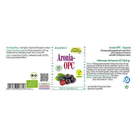 Espara Aronia OPC Bio 60 Kapseln Rückseite Etikett mit Zutatenliste Verzehrempfehlung Aroniapulver Traubenkernextrakt Polyphenole vegan Bio zertifiziert Angaben zu freien Radikalen weiß grüne Gestaltung mit Aroniabeeren Abbildung | Naturpräparate Dieterich