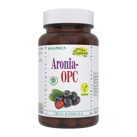 Espara Aronia OPC Bio 60 Kapseln braune Dose mit weißem Etikett Aroniapulver und Traubenkernextrakt vegan Bio Qualität antioxidative Wirkung gegen freie Radikale Abbildung von schwarzen Aroniabeeren und roten Anschnitten | Naturpräparate Dieterich
