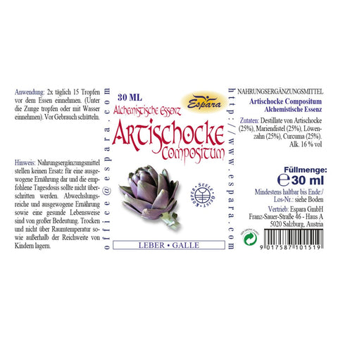 Espara Artischocke Compositum 30 ml Rückseite Etikett alchemistische Essenz mit Artischocke Mariendistel Löwenzahn Curcuma Angaben zu Anwendung Zutaten Alkoholgehalt vegan Symbol lila Artischockenabbildung weißes Etikett Leber Galle Bereich | Naturpräparate Dieterich
