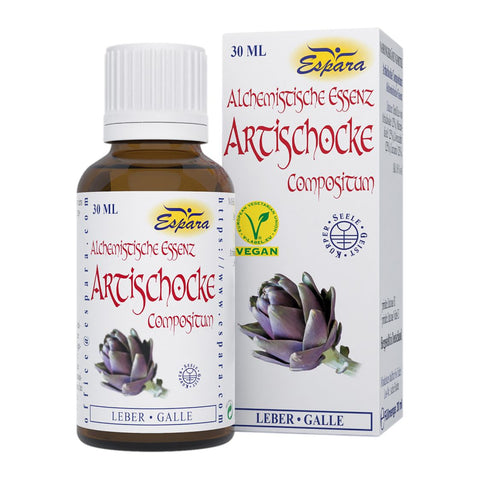 Espara Artischocke Compositum 30 ml braune Tropfenflasche mit weißer Faltschachtel alchemistische Essenz vegan Label lila Artischockenabbildung Leber Galle Produktdarstellung vor weißem Hintergrund | Naturpräparate Dieterich
