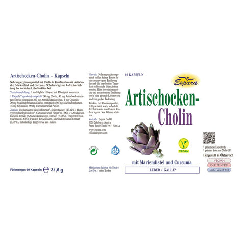 Espara Artischocken Cholin 60 Kapseln Rückseite Etikett mit Zutatenliste Cholin Artischockenextrakt Mariendistel Curcuma Angaben zu Verzehrempfehlung Herstellung Österreich vegan Symbole und lila Artischockenmotiv | Naturpräparate Dieterich