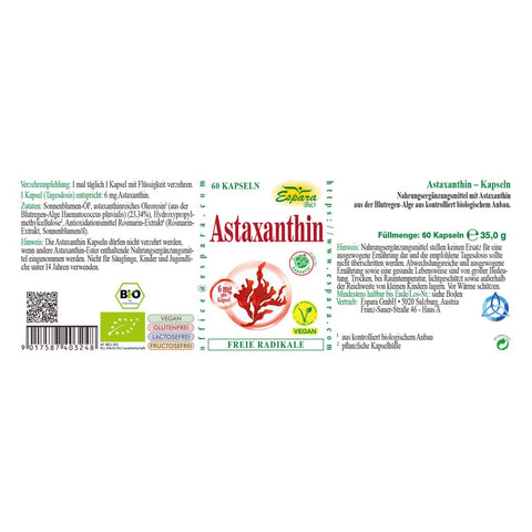 Espara Astaxanthin Bio 60 Kapseln Rückseite Etikett Zutatenliste Sonnenblumenöl astaxanthinreiches Oleoresin Rosmarinextrakt pflanzliche Kapselhülle vegan Bio Symbol Angaben zu Verzehr und Nährwerten rote Algenabbildung antioxidativ gegen freie Radikale | Naturpräparate Dieterich