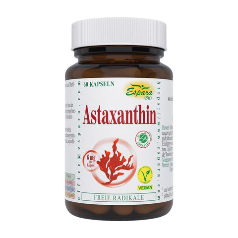 Espara Astaxanthin Bio 60 Kapseln braune Dose mit weißem Etikett 6 mg Astaxanthin pro Kapsel aus der Blutregenalge Haematococcus pluvialis vegan Bio Qualität rote Algenabbildung antioxidative Wirkung zum Schutz vor freien Radikalen | Naturpräparate Dieterich