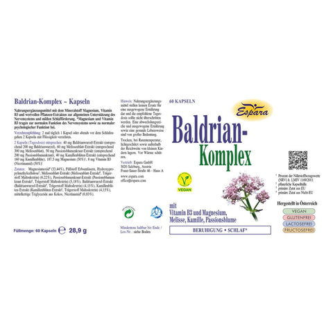 Espara Baldrian Komplex 60 Kapseln Rückseite Etikett mit Zutatenliste Baldrianwurzel Melisse Kamille Passionsblume Magnesium Vitamin B3 vegan Symbole Angaben zu Verzehrempfehlung und Füllmenge Pflanzenabbildung unterstützend für Entspannung innere Ruhe und natürliche Schlafbereitschaft | Naturpräparate Dieterich