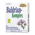 Espara Baldrian Komplex 60 Kapseln weiße Faltschachtel mit violetten Baldrianblüten vegan V Label Hinweise auf Vitamin B3 Magnesium Melisse Kamille Passionsblume Produkt für Beruhigung Stressreduktion und Förderung eines ausgeglichenen Schlafrhythmus | Naturpräparate Dieterich