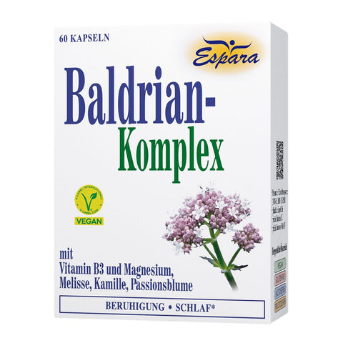 Espara Baldrian Komplex 60 Kapseln weiße Faltschachtel mit violetten Baldrianblüten vegan V Label Hinweise auf Vitamin B3 Magnesium Melisse Kamille Passionsblume Produkt für Beruhigung Stressreduktion und Förderung eines ausgeglichenen Schlafrhythmus | Naturpräparate Dieterich