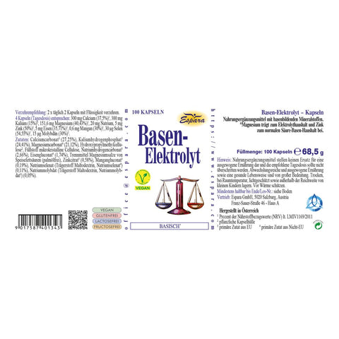 Espara Basen Elektrolyt 100 Kapseln Rückseite Etikett mit detaillierten Mineralstoffangaben Calcium Magnesium Kalium Zink Selen vegane Kapselhülle und Verzehrempfehlung Produkt zur Ergänzung basischer Mineralstoffe und Unterstützung körperlicher Regulationsprozesse | Naturpräparate Dieterich