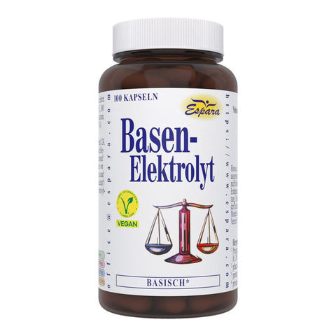 Espara Basen Elektrolyt 100 Kapseln braunes Glas mit Waagen Symbol veganes V Label Produkt zur Versorgung mit basischen Mineralstoffen und Förderung innerer Balance des Säure Basen Haushalts | Naturpräparate Dieterich