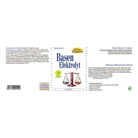 Espara Basen Elektrolyt 200 Kapseln Rückseite Etikett mit Mineralstoffen Magnesium Calcium Kalium Zink Selen Nährwertangaben vegane Kapseln Skalen Grafik Produkt zur Unterstützung des Elektrolythaushalts und eines ausgeglichenen Säure Basen Stoffwechsels | Naturpräparate Dieterich