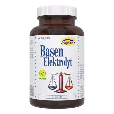 Espara Basen Elektrolyt 200 Kapseln braunes Glas weiße Vorderseite Waagen Grafik vegan Label Produkt für Mineralstoffbalance Elektrolytversorgung und basenbetonte Ernährung | Naturpräparate Dieterich