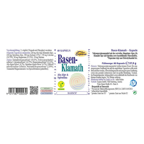 Espara Basen Klamath 60 Kapseln Rückseite Etikett mit Inhaltsstoffen Afa Alge Spirulina Mineralstoffen Magnesium Calcium Kalium vegan Symbol Angaben zu Verzehrempfehlung und Füllmenge Produkt zur Unterstützung des basischen Mineralstoffgleichgewichts und natürlicher Energieprozesse | Naturpräparate Dieterich