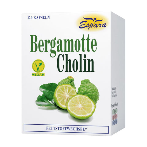 Espara Bergamotte Cholin 120 Kapseln Produktfoto der Vorderseite weiße Verpackung mit grünen Bergamotten Früchten vegan V Label Hinweis auf Unterstützung des Fettstoffwechsels und Förderung eines ausgewogenen Lipidstoffwechsels | Naturpräparate Dieterich