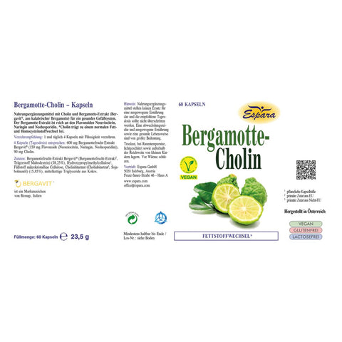 Espara Bergamotte Cholin 60 Kapseln Rückseite Etikett mit Bergamottefrucht Extrakt Bergavit Flavonoiden Cholin Angaben zu Inhaltsstoffen Verzehrempfehlung und Füllmenge Produkt zur gezielten Ergänzung natürlicher Pflanzenstoffe für den Fettstoffwechsel | Naturpräparate Dieterich