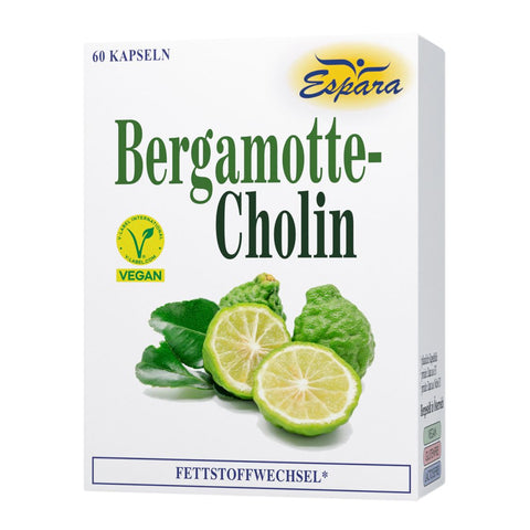 Espara Bergamotte Cholin 60 Kapseln Vorderseite weiße Verpackung mit frischer grüner Bergamotte veganem V Label Hinweis auf Unterstützung des Fettstoffwechsels und metabolischer Prozesse | Naturpräparate Dieterich