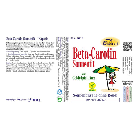 Espara Beta-Carotin Sonnenfit 30 Kapseln Rückseitenetikett mit Beta-Carotin Polypodium-leucotomos-Extrakt Vitamin E Lutein Zeaxanthin Angaben zu Inhaltsstoffen Verzehrempfehlung Vegan-Siegel und Füllmenge antioxidative Pflanzenstoffe zur ernährungsbedingten Unterstützung der natürlichen Zellschutzfunktionen bei Sonnenexposition | Naturpräparate Dieterich