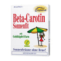 Espara Beta-Carotin Sonnenfit 30 Kapseln Vorderseite weiße Verpackung farbige Illustration Mädchen mit Sonnenschirm Hinweis auf Golddüpfel-Farn sowie veganes V-Label Beta-Carotin und Pflanzenextrakte als Beitrag zum antioxidativen Schutz der Zellen in Zeiten vermehrter Sonneneinstrahlung | Naturpräparate Dieterich