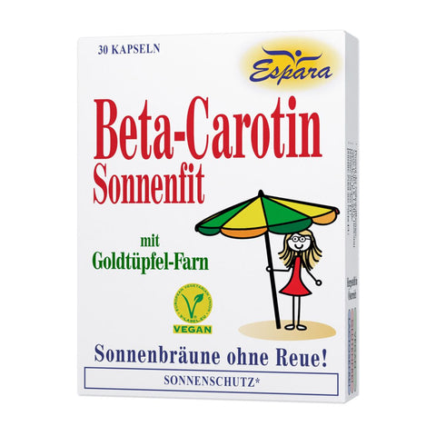 Espara Beta-Carotin Sonnenfit 30 Kapseln Vorderseite weiße Verpackung farbige Illustration Mädchen mit Sonnenschirm Hinweis auf Golddüpfel-Farn sowie veganes V-Label Beta-Carotin und Pflanzenextrakte als Beitrag zum antioxidativen Schutz der Zellen in Zeiten vermehrter Sonneneinstrahlung | Naturpräparate Dieterich