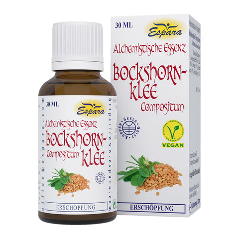 Espara Alchemistische Essenz Bockshornklee Compositum 30 ml in brauner Glasflasche mit weißer Faltschachtel, Produktname in roter Schrift, vegan Siegel und Abbildung von Bockshornklee Samen und Blättern; pflanzliche Essenz zur Unterstützung bei Erschöpfung und allgemeiner Schwäche. |Naturpräparate Dieterich