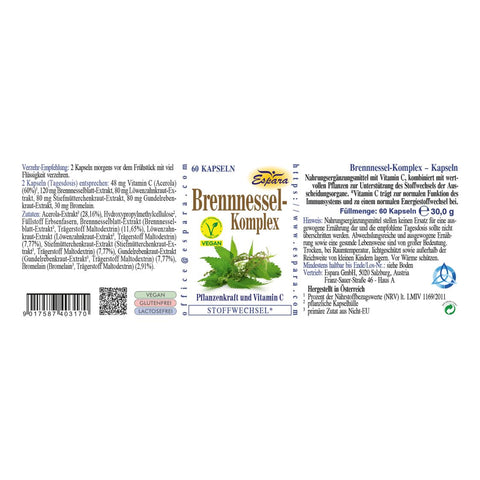 Espara Brennnessel-Komplex 60 Kapseln mit vollständiger Zutatenliste, Verzehrempfehlung, Vitamin C Angaben, vegan Siegel sowie Abbildungen von Brennnesselkraut und unterstützenden Pflanzenextrakten; pflanzlicher Komplex zur Unterstützung des Stoffwechsels, der Ausscheidungsorgane und des Immunsystems. | Naturpräparate Dieterich