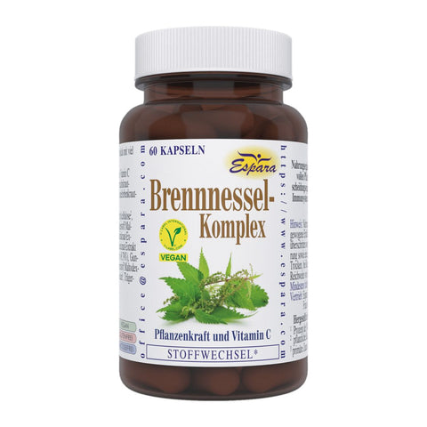 Espara Brennnessel-Komplex 60 Kapseln in brauner Dose mit weißem Deckel, Etikett mit Brennnesselpflanze, vegan Siegel und Hinweis auf Vitamin C sowie Pflanzenkraft; natürlicher Kräuterkomplex zur Unterstützung des Stoffwechsels, der Energieproduktion und des Immunsystems. | Naturpräparate Dieterich