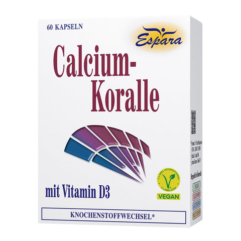 alcium Koralle mit Vitamin D3 von Espara, Frontansicht der Produktverpackung mit Markenlogo, Hinweis auf die Versorgung mit Calcium und Vitamin D3 zur Unterstützung einer normalen Knochengesundheit, farbigem Korallenmotiv, Angabe von 60 Kapseln sowie Kennzeichnung als veganes und allergenarmes Nahrungsergänzungsmittel | Naturpräparate Dieterich