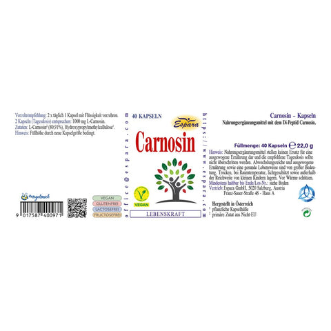 Espara Carnosin Kapseln 40 Stück, Nahrungsergänzung mit hochwertigem L-Carnosin zur Unterstützung der Zellfunktion und zum Schutz vor oxidativem Stress; detailliertes Produktetikett mit Angaben zu Zutaten, Verzehrempfehlung und veganem Qualitätslabel | Naturpräparate Dieterich
