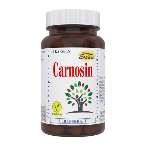 Espara Carnosin 40 Kapseln, veganes Carnosinpräparat im Braunglas mit deutlich sichtbarem Frontetikett und Symbolbaum für Lebensenergie; zeigt Produktvorteile wie L-Carnosin für Vitalität, Regeneration und antioxidative Unterstützung | Naturpräparate Dieterich