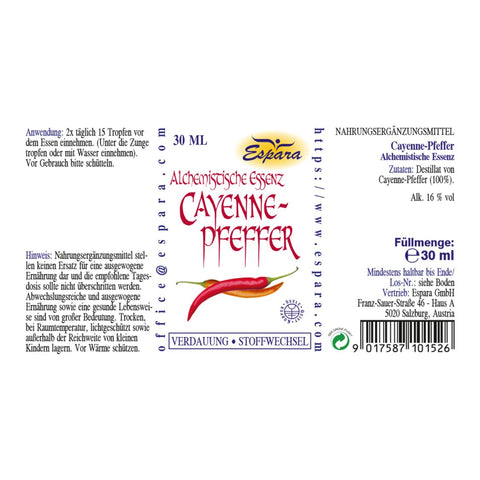 Espara Alchemistische Essenz Cayenne Pfeffer 30 ml, konzentrierte Cayennepfeffer Essenz mit 100 Prozent Destillat für Verdauung, Durchblutung und aktiven Stoffwechsel, detailliertes Produktetikett mit Angaben zu Anwendung, Zusammensetzung, Alkoholgehalt und Hersteller; kräftiges Cayenne Motiv als Hinweis auf die aktivierende Wirkung scharfer Capsaicinoide | Naturpräparate Dieterich