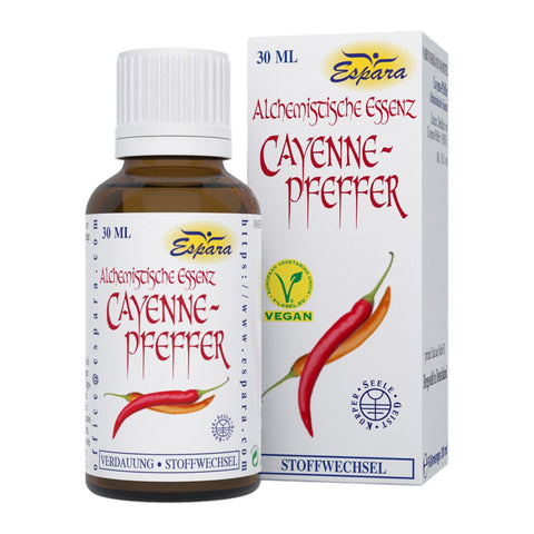 Espara Alchemistische Essenz Cayenne Pfeffer 30 ml, vegane Kräuteressenz in Braunglasflasche mit Außenverpackung, dargestellt mit roter Cayenneschote als Symbol für Wärme, Aktivierung und Stoffwechselanregung; klar sichtbare Kennzeichnungen wie Vegan Label und Kategorie Stoffwechsel, ideal zur Unterstützung der Verdauung und zur Förderung innerer Vitalität | Naturpräparate Dieterich