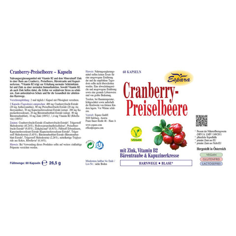 Espara Cranberry-Preiselbeere 60 Kapseln Rückseitenetikett mit Inhaltsstoffen Cranberryextrakt Preiselbeerextrakt Bärentraubenblätter Kapuzinerkresse Zink und Vitamin B2 Angaben zu Verzehrempfehlung Füllmenge und Produktdetails natürliche Pflanzenstoffe für Harnwege und Blasenfunktion unterstützend im Rahmen einer ausgewogenen Ernährung | Naturpräparate Dieterich