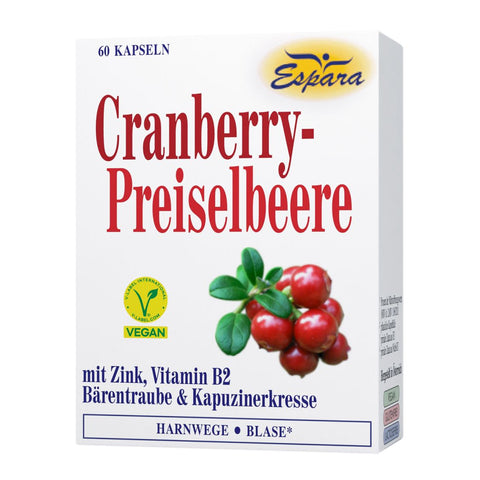 Espara Cranberry-Preiselbeere 60 Kapseln Vorderseite weiße Verpackung mit frischen roten Cranberries und Grünblättern vegan Siegel Hinweis auf Zink Vitamin B2 Bärentraube und Kapuzinerkresse Produkt zur ernährungsbedingten Unterstützung normaler Schleimhäute und eines natürlichen Immunschutzes | Naturpräparate Dieterich