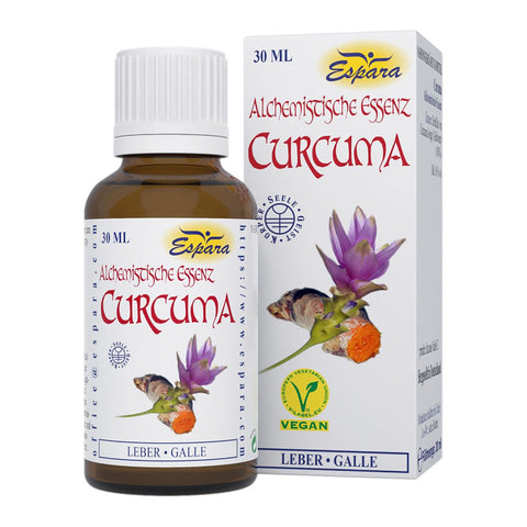 Espara Alchemistische Essenz Curcuma 30 ml braune Glasflasche mit weißem Deckel neben passender Faltschachtel vegane alkoholhaltige Curcuma Essenz natürliche Unterstützung für Leber und Galle violette Curcuma Blüte und orangefarbene Wurzel als Abbildung, Produktfoto | Naturpräparate Dieterich