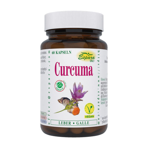 Espara Curcuma Bio 60 Kapseln braune Dose mit weißem Etikett veganes Bio Curcumawurzel Pulver kombiniert mit Artischockenblätter Extrakt natürliche Unterstützung für Leber und Galle violette Curcuma Blüte und orangefarbene Knolle Abbildung klare hochwertige Produktaufnahme glutenfrei laktosefrei | Naturpräparate Dieterich