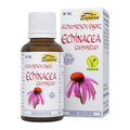Espara Alchemistische Essenz Echinacea Compositum 30 ml zeigt eine bernsteinfarbene Tropfenflasche mit weißer Verschlusskappe neben der passenden Faltschachtel. Auf beiden sind der Produktname, das Espara Logo, der Hinweis auf vegane Qualität und eine große Echinacea Blüte gut sichtbar abgebildet. Die Verpackung betont die alchemistische Herstellung, das Einsatzgebiet Immunsystem sowie die pflanzlichen Destillate aus Echinacea, Alant, Hagebutte, Bärlauch, Brennnessel, Berberitze und Thuja. | Naturpräparate 