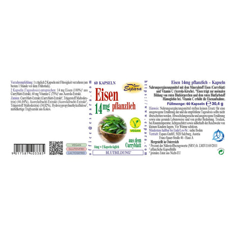 Espara Eisen 14 mg pflanzlich Kapseln 60 Kapseln Rückseite zeigt Nährstoffangaben, pflanzliches Eisen aus Curryblatt, Vitamin C aus Acerola, Inhaltsstoffe, Verzehrempfehlung und Vegan-Label. Das Produkt eignet sich zur verträglichen täglichen Langzeiteinnahme für Blutbildung, Energie und vegetarische Ernährung. Verpackungsrückseite mit vollständigen Informationen zum Nahrungsergänzungsmittel. | Naturpräparate Dieterich