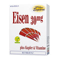 Espara Eisen 30 mg Kapseln 60 Kapseln zeigt die Produktvorderseite mit Eisenangabe, Espara Logo und Hinweis auf Kupfer und Vitamine. Das Präparat dient der Unterstützung der normalen Blutbildung, der Sauerstoffversorgung und des Energiehaushalts. Enthält Eisen zur Bildung roter Blutkörperchen, Vitamin C zur verbesserten Aufnahme sowie Kupfer und B Vitamine für Stoffwechsel und Immunsystem. | Naturpräparate Dieterich