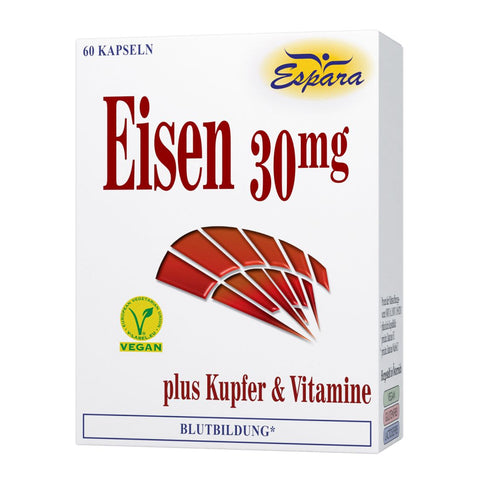 Espara Eisen 30 mg Kapseln 60 Kapseln zeigt die Produktvorderseite mit Eisenangabe, Espara Logo und Hinweis auf Kupfer und Vitamine. Das Präparat dient der Unterstützung der normalen Blutbildung, der Sauerstoffversorgung und des Energiehaushalts. Enthält Eisen zur Bildung roter Blutkörperchen, Vitamin C zur verbesserten Aufnahme sowie Kupfer und B Vitamine für Stoffwechsel und Immunsystem. | Naturpräparate Dieterich