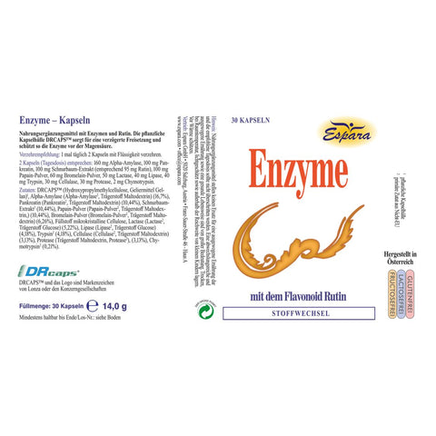 spara Enzyme 30 Kapseln Rückseite Etikett mit Enzymkomplex Alpha Amylase Bromelain Papain Proteasen Lipasen Cellulase sowie Rutin DRcaps pflanzliche magensaftresistente Kapselhülle zur zeitverzögerten Freisetzung, Angaben zu Inhaltsstoffen Verzehrempfehlung und Füllmenge Produkt zur Unterstützung des Stoffwechsels und der natürlichen Enzymaktivität | Naturpräparate Dieterich