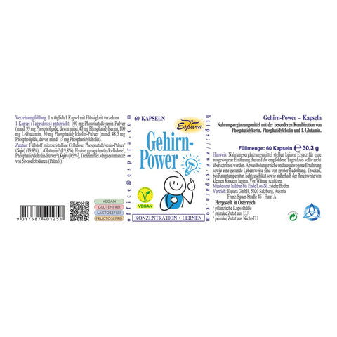 Espara Gehirn Power Kapseln 60 Stück mit einer Nährstoffkombination aus Phosphatidylserin, Phosphatidylcholin und L-Glutamin zur Unterstützung von Konzentration, geistiger Energie und kognitiver Leistungsfähigkeit; vollständige Angaben zu Zutaten, Anwendung, Vegan-Siegel sowie Informationen zur Zusammensetzung und täglichen Verzehrempfehlung | Naturpräparate Dieterich