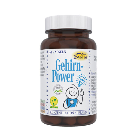 Espara Gehirn-Power Kapseln Nahrungsergänzung zur Unterstützung von Gehirnfunktion Konzentration Gedächtnis und geistiger Fitness in brauner Dose mit weißem Deckel 60 vegane Kapseln für Lernen und mentale Leistungsfähigkeit. Naturpräparate Dieterich