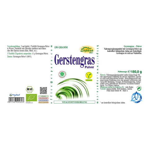 Espara Gerstengras BIO Pulver 150 g, Etikett mit Angaben zu Verzehrempfehlung 3x täglich 1 Teelöffel und Tagesdosis 11 g Gerstengraspulver, Nahrungsergänzung aus kontrolliert biologischem Anbau in Deutschland, reich an Chlorophyll, Antioxidantien, Vitaminen und Mineralstoffen, zur täglichen Unterstützung von Abwehrkräften, Stoffwechsel und vitalstoffbewusster Ernährung. | Naturpräparate Dieterich