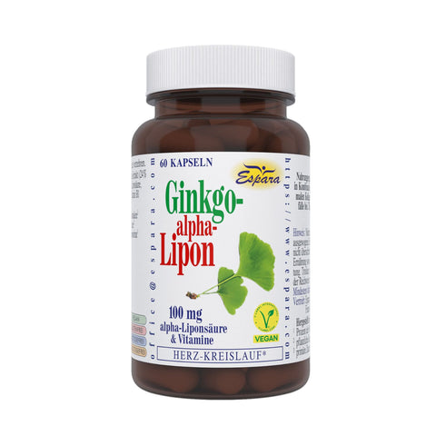 Espara Ginkgo-alpha-Lipon Kapseln 60 Stück veganes Nahrungsergänzungsmittel mit 100 mg Alpha-Liponsäure Vitaminen und 30 mg Ginkgoextrakt in brauner Kunststoffdose mit weißem Schraubverschluss und grünem Vegan Logo unterstützt Herz und Kreislauf fördert Durchblutung antioxidativer Schutz für Vitalität und Gesundheit hochwertige pflanzliche Kapseln. Naturpräparate Dieterich