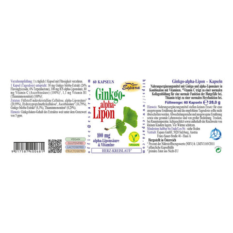 Espara Ginkgo alpha Lipon 60 Kapseln Rücketikett mit detaillierter Darstellung der Inhaltsstoffe wie Ginkgo-Extrakt, Alpha-Liponsäure, Vitamin C und B1 sowie der empfohlenen täglichen Verzehrmenge. Das Etikett beschreibt die Wirkung auf Herz-Kreislauf-Funktion, Blutgefäße und antioxidativen Schutz, ergänzt durch Hinweise zur Anwendung und Lagerung. Die Rückseite zeigt alle Pflichtangaben inklusive Nährstoffangaben, Herstellerinformationen und Vegan-Kennzeichnung. | Naturpräparate Dieterich