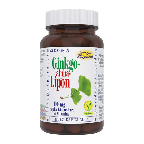 Espara Ginkgo alpha Lipon 60 Kapseln  in braunem Glas. Die Rezeptur kombiniert Ginkgo-Extrakt, Alpha-Liponsäure und wichtige Vitamine zur Unterstützung von Herz und Kreislauf sowie für antioxidativen Schutz und normale Zellfunktionen. Die Verpackung weist zusätzlich das Vegan-Siegel aus und betont die hochwertigen Pflanzenextrakte für Leistungsfähigkeit und Wohlbefinden. | Naturpräparate Dieterich