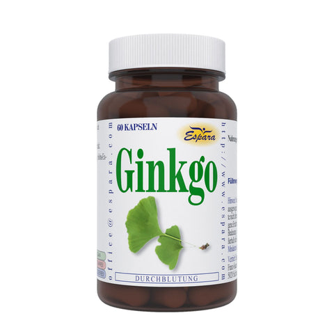 Espara Ginkgo Kapseln 60 Stück veganes Nahrungsergänzungsmittel in brauner Kunststoffdose mit weißem Schraubverschluss und grünem Vegan Logo auf dem Etikett mit Abbildung eines Ginkgoblattes unterstützt Durchblutung und geistige Leistungsfähigkeit fördert Konzentration Gedächtnis und Vitalität hochwertige pflanzliche Kapseln für Gesundheit und Wohlbefinden. Naturpräparate Dieterich
