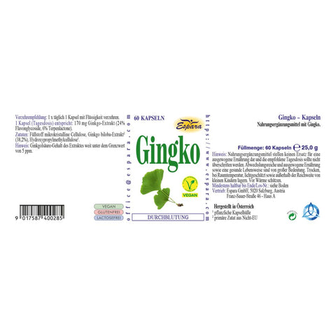 Espara Ginkgo 60 Kapseln Durchblutung präsentiert das vollständige Verpackungsetikett mit Angaben zu Inhaltsstoffen wie Ginkgo-biloba-Extrakt mit 24 Prozent Flavonglykosiden und 6 Prozent Terpenlactonen. Das Layout zeigt Hinweise zur Einnahme, Nährwerte, Vegan-Siegel und eine Illustration des Ginkgoblattes. Hervorgehoben wird die Wirkung des Pflanzenextrakts auf Durchblutung, Mikrozirkulation und mentale Leistungsfähigkeit. | Naturpräparate Dieterich