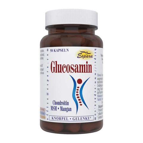 Espara Glucosamin Kapseln 50 Stück, Nahrungsergänzung mit Glucosaminhydrochlorid, Chondroitinsulfat, MSM und Mangan zur ernährungsphysiologischen Unterstützung von Gelenken, Knorpel, Knochen und Bindegewebe bei Alltag, Sport und im Alter; braune Dose mit weißem Etikett, Gelenk-Symbol und Hinweis Knorpel Gelenke, geeignet für Anwender in Deutschland und Österreich. | Naturpräparate Dieterich